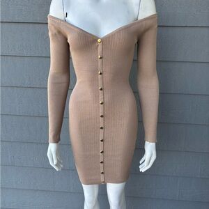 Hera Collection Tan Off-Shoulder Long Sleeve Dress